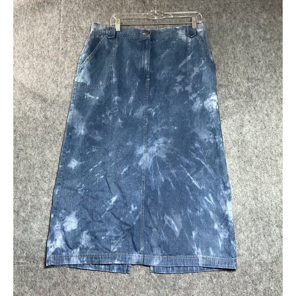 Upcycled Denim Skirt Womens 16 Blue Tie Dye Maxi Pockets Artsy OOAK Whimsy Goth